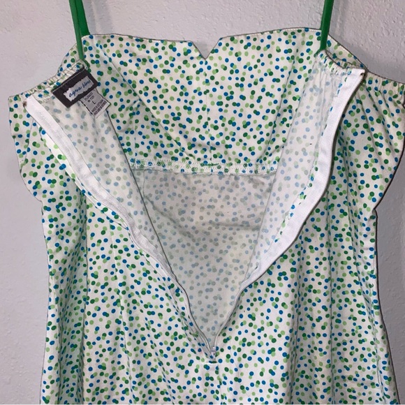 Vintage 90s Aqua Blues Green, blue Polka Dot Sleeveless Bow Accent Dress - Picture 6 of 7